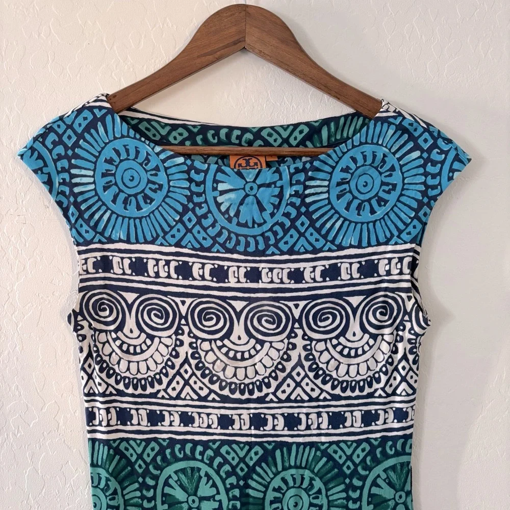 Tory‎ Burch Medallion Print Cap Sleeve Silk Shift Dress Small Blue Green Women’s